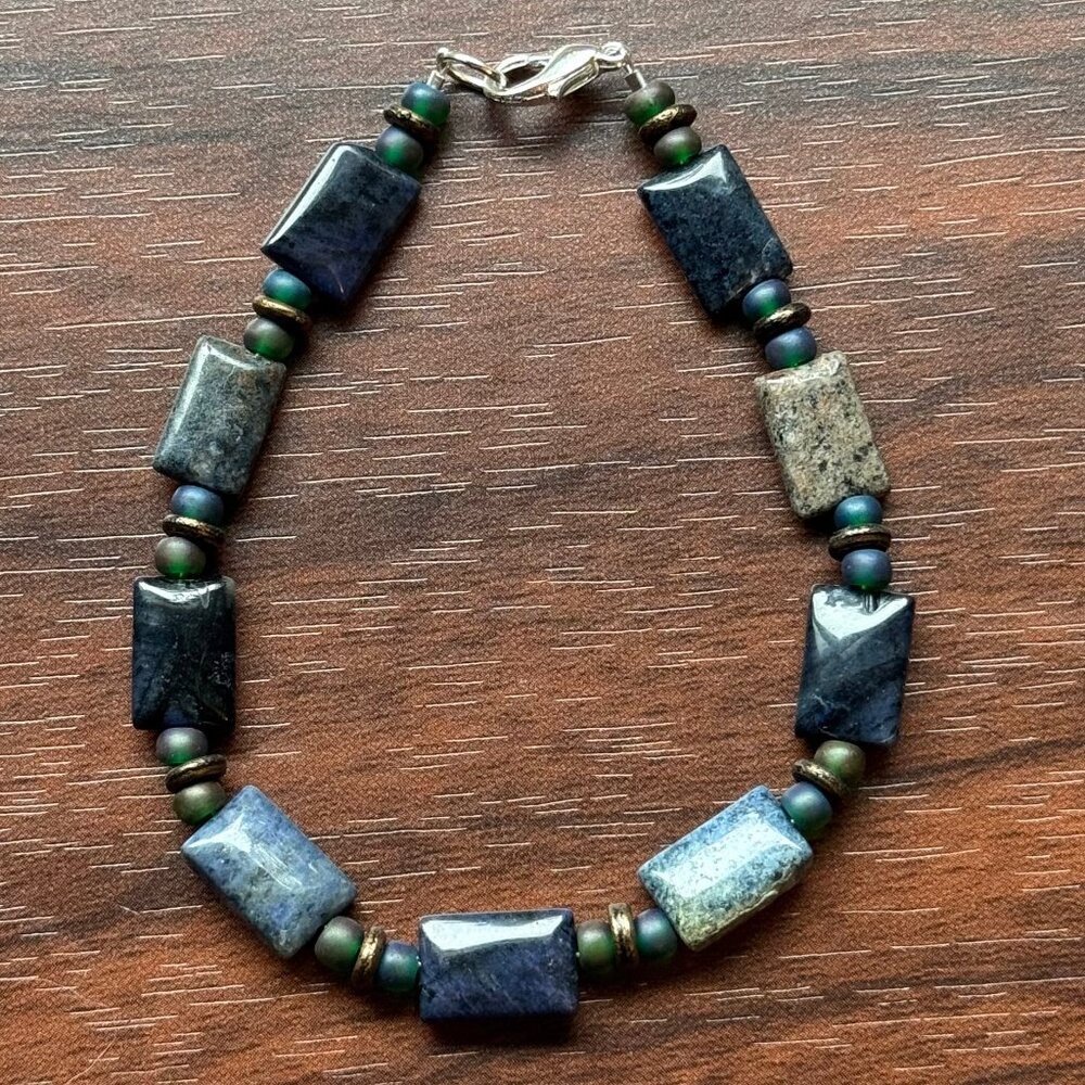 Dark Stone Beaded Bracelet with Stone, Glass, and Metal Handmade